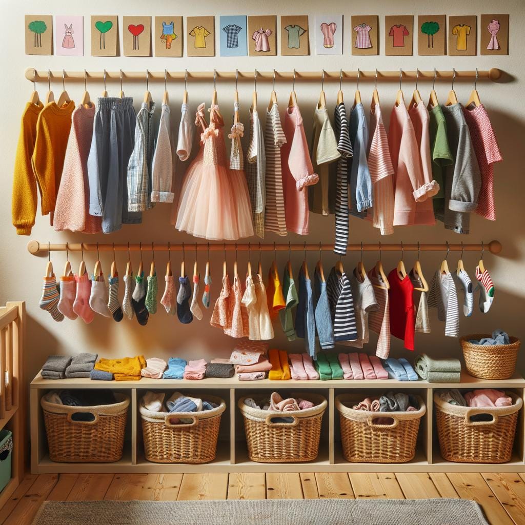 Clothes Organizing for Children Sort by size, label bins, involve kids