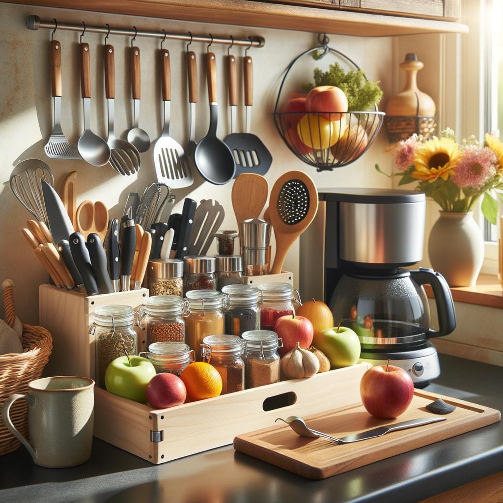 Countertop Organization Neatly arranged kitchen tools on a marble countertop - ideal for countertop organization