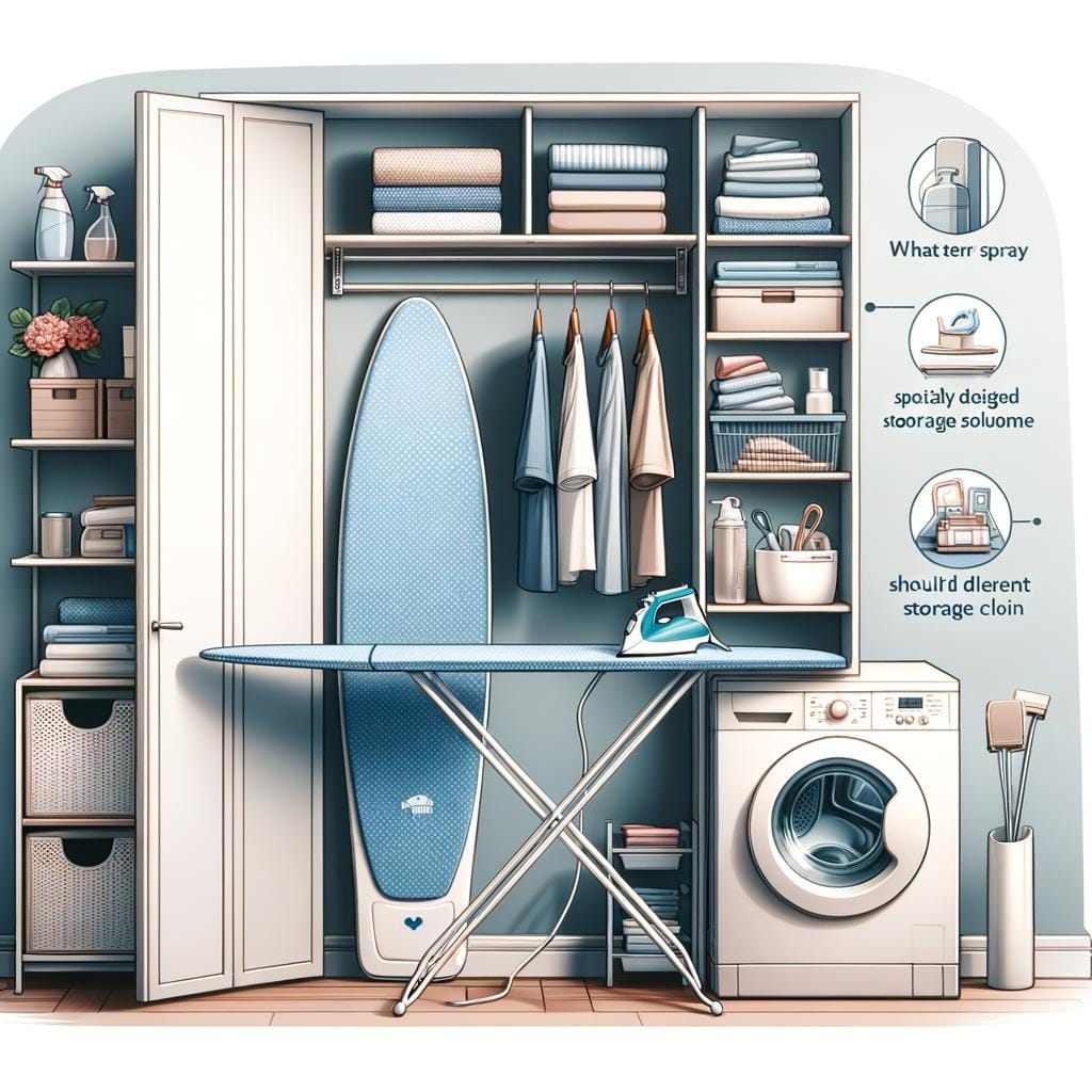 Convenient IRONING BOARD STORAGE solution with adjustable hooks for easy access and organization