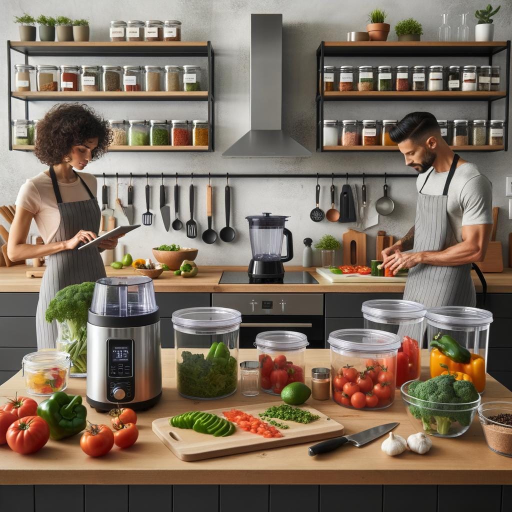 Meal Prep Area Organization Efficient meal prep area organization with labeled containers, stackable shelves, and hanging utensils for easy access