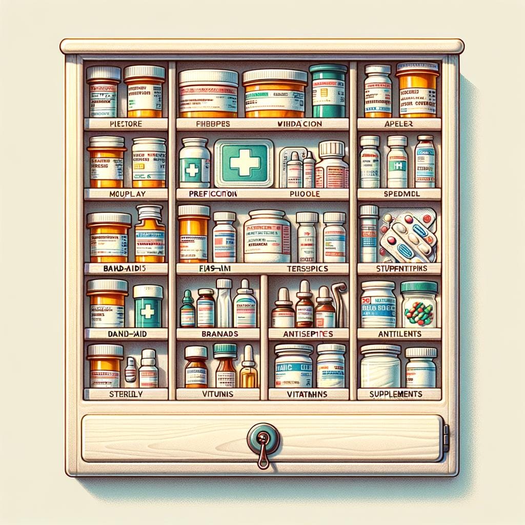 Medicine Cabinet Arrangement 1 labeled shelves for easy access to essentials