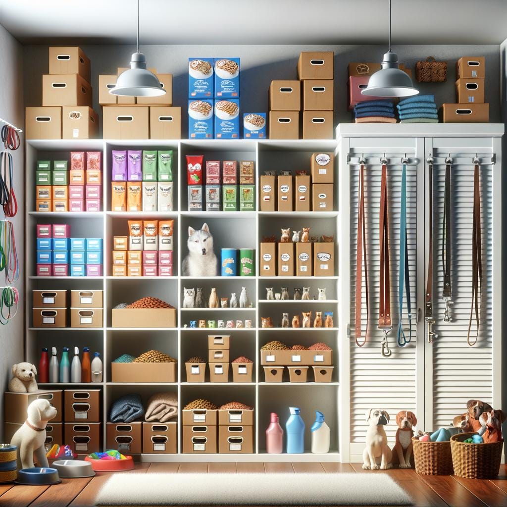 Pet Supply Storage Organize pet supplies neatly in labeled bins for efficient storage