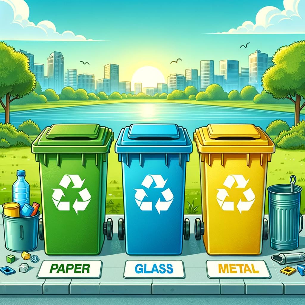 Recycling Bins Arrangement Neatly arranged recycling bins with clear labels for sorting waste efficiently