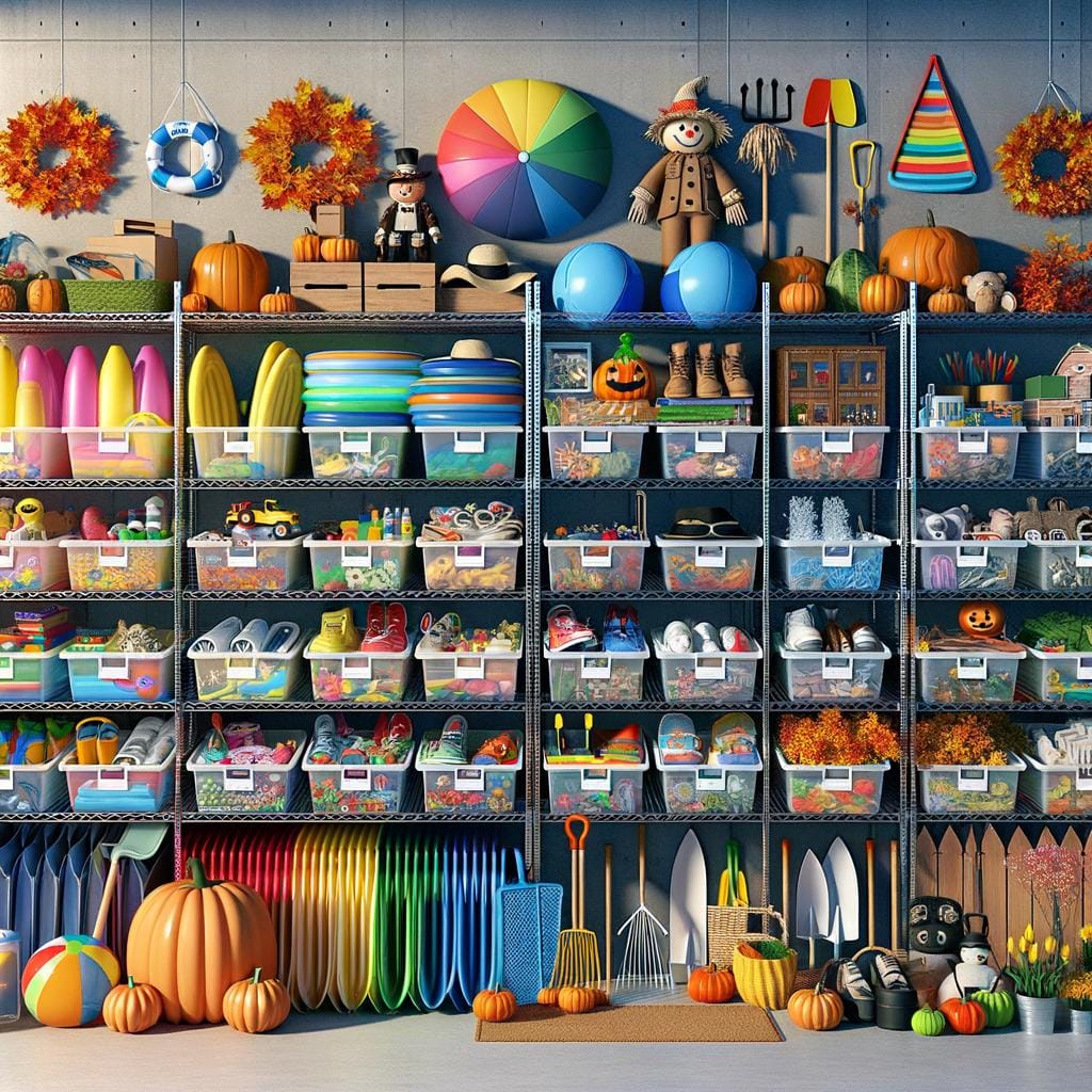 use clear bins labeled SEASONAL ITEM STORAGE to easily locate items