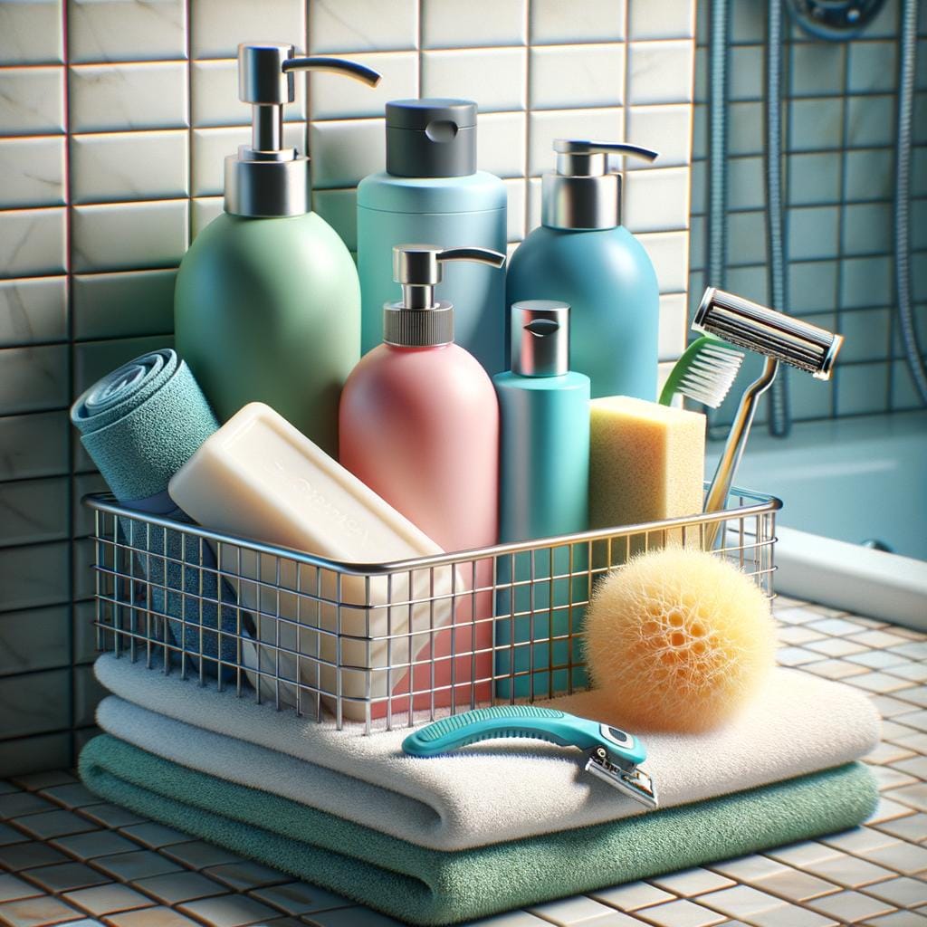 Organize shower caddy essentials like shampoo, soap, and loofah for easy access and storage
