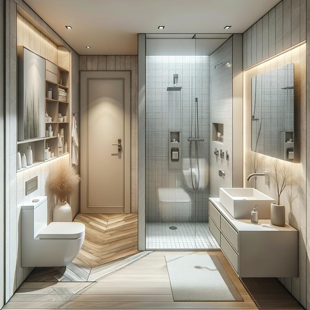 Clever solutions like wall-mounted storage and space-efficient fixtures showcase space-saving bathroom ideas