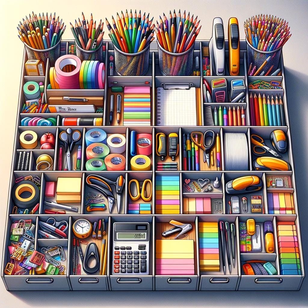 Organize your stationery storage with labeled containers for easy access and tidiness