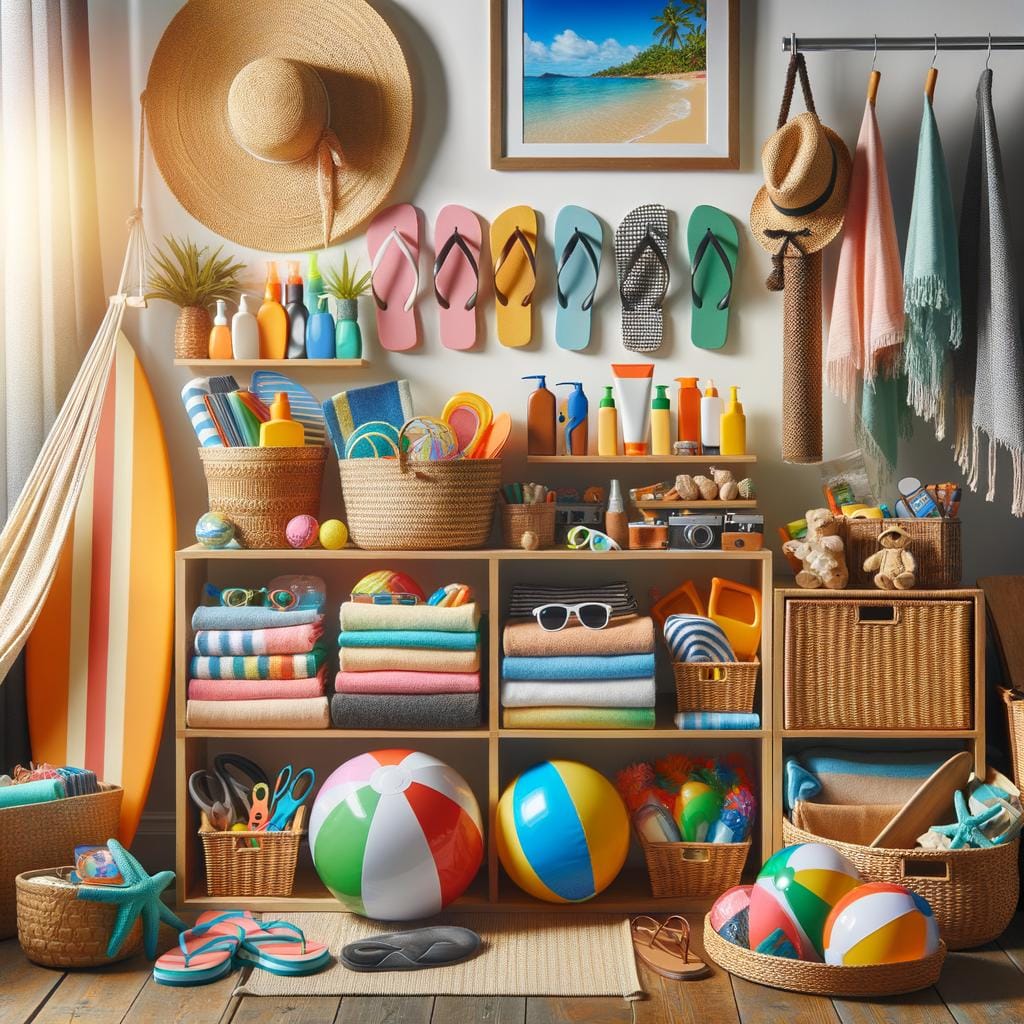 Summer Gear Organization Keep beach towels, hats, and sandals tidy with labeled bins